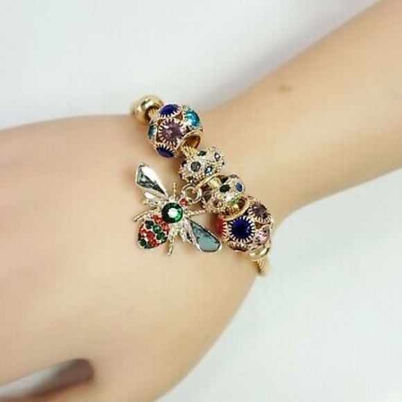 Multicolored Rhinestones Bee Charm Dangle, Stretch, Cuff Bracelet - Picture 7 of 9